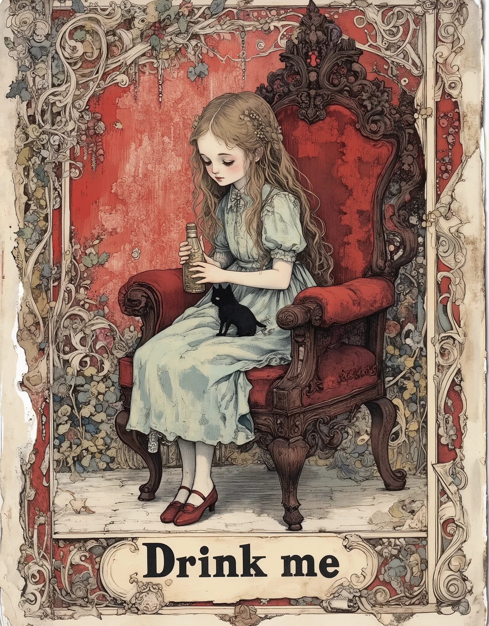 An old, battered vintage character card featuring Alice from Alice's Adventures in Wonderland. The inscription "Drink me", made in classic vintage style, is located in the center at the bottom. A young age girl with fair skin is sitting in an ornate dark red armchair. She has light brown hair cascading down her back, a simple light turquoise dress and dark red shoes. She holds a small glass bottle in her hands. A small black cat is sitting next to her. The armchair is dark red in color with intricate wood trim. A vintage-style character card with intricate curly edges, ornate borders, and patterns surrounding Alice. The background is dark red, with patterned swirls and a worn texture that creates a vintage feel. The border is in a red and white cage. The overall composition is vertical. The illustrations are made in the Victorian style with a slight touch of Gothic and psychedelic. The mood is whimsical, nostalgic and slightly mysterious. The detailed portrayal of the characters and the setting highlights the style of the Victorian era. Muted vintage colors are used. Focus on the girl and the antique chair. The holly bush element adds a touch of Christmas and celebration.Digital stylized art that conveys the aesthetics of an old, worn-out thing made of cardboard with uncovered typography.Scuffs, scratches, sepia, torn edges, stains. High stylization and detail.