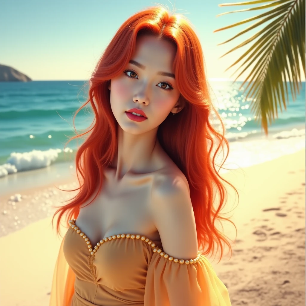 ( high qulity , Super detailed ) ( careful hand ) Constellation – Goddess Aries , similar to latin goodness , Brave ,willful ,productive ,The face of enterprise and humanity . moodiness, impetuous, impatient, assertive style . sunset red hair , See-through dresses , in the sunny ocean , full bodyesbian , crystal fire eyes ( Eyes detailed ) . Heavy makeup . the fire goddess .
