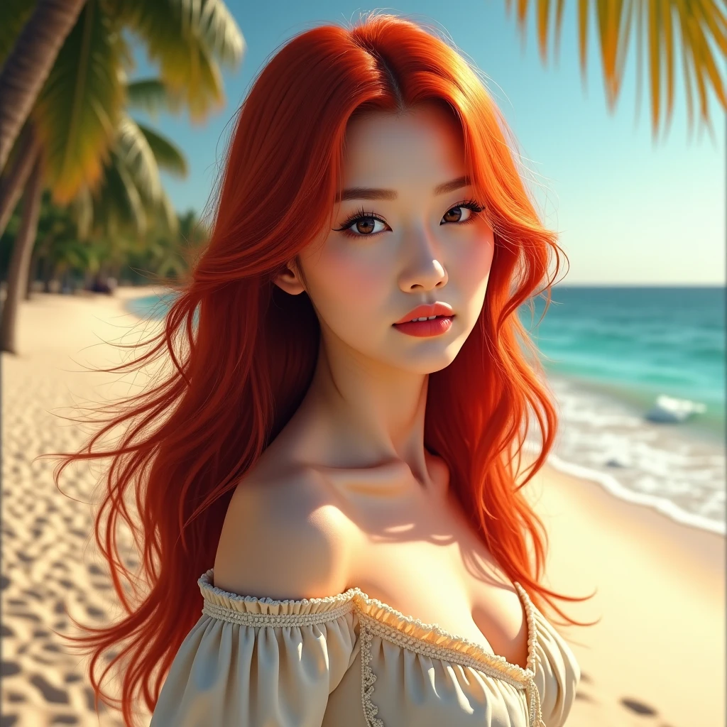 Top quality, 8k, 32k, Masterpiece, photo realistic, realistic, anime girl in bikini standing on the beach, nami from one piece, nami one piece, nami, portrait of beautiful nami, from one piece, one piece, she has long red hair orange, female anime character, she has long orange brown hair, professional makeup, necklace, very big breasted woman, (seductive pose), Sexy, beautiful white face shining, beautiful face, pink cheeks, beautiful lips, porcelain skin, detail intricate, super detailed, super high, highest detailed, high detailed, delicate, incredible detailed, fine detailed, cinematic lighting, top quality, masterpiece, smooth and beautiful, CG , unity, 8k wallpaper, Stunning, fine detail, unity CG wallpaper 8k ultra detailed, large file size, ultra detailed, high resolution, incredible detail, stunning detail, depth of field, oil painting effect in Rembrandt art style, concept portrait art in Stanley Artgerm Lau style, WLOP, trending on Artstation, epic, trend in society, detailed digital painting, very high quality model.