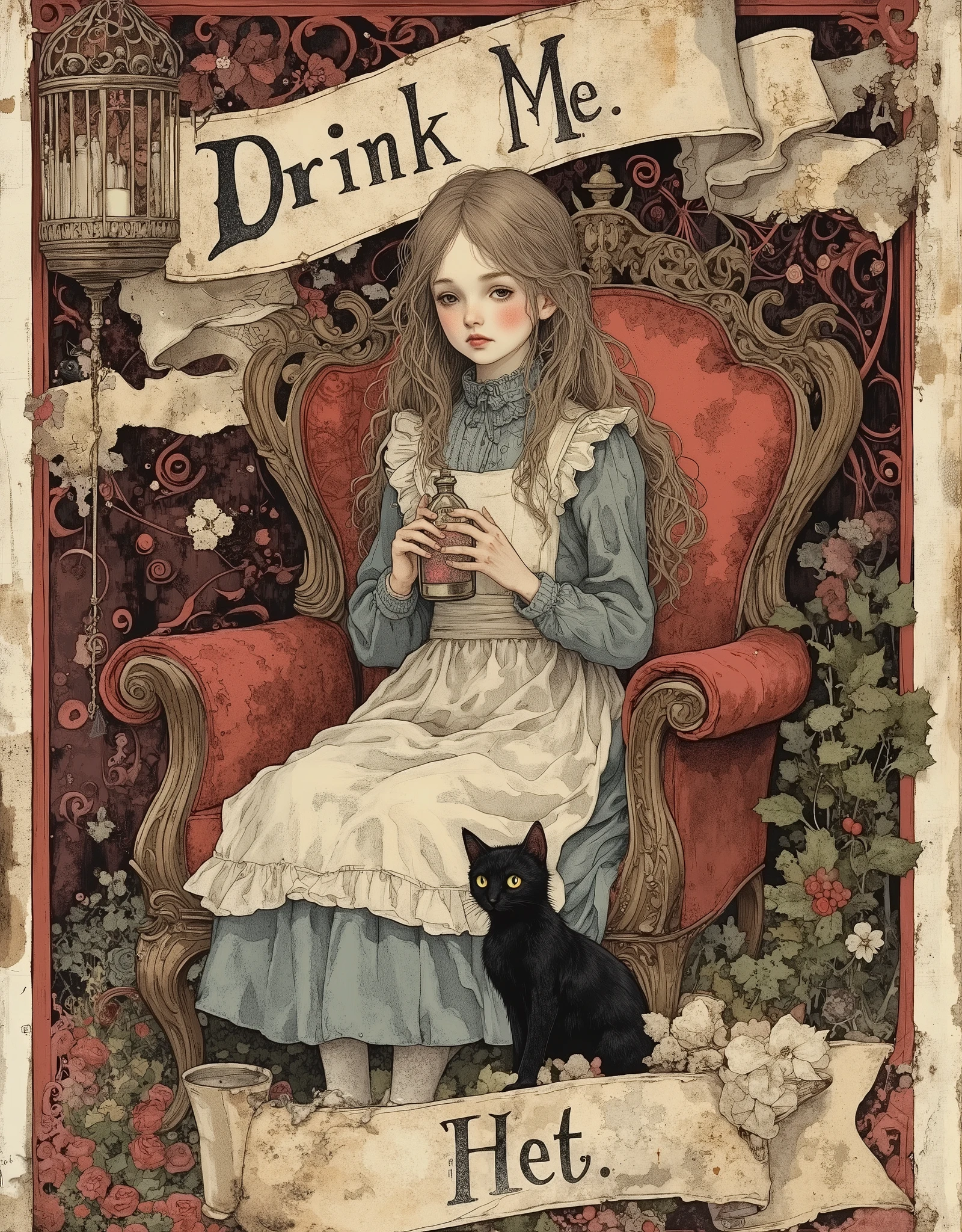An old, battered vintage character card featuring Alice from Alice's Adventures in Wonderland. The inscription "Drink me", made in classic vintage style, is located in the center at the bottom. A young age girl with fair skin is sitting in an ornate dark red armchair. She has light brown hair cascading down her back, a simple light turquoise dress and dark red shoes. She holds a small glass bottle in her hands. A small black cat is sitting next to her. The armchair is dark red in color with intricate wood trim. A vintage-style character card with intricate curly edges, ornate borders, and patterns surrounding Alice. The background is dark red, with patterned swirls and a worn texture that creates a vintage feel. The border is in a red and white cage. The overall composition is vertical. The illustrations are made in the Victorian style with a slight touch of Gothic and psychedelic. The mood is whimsical, nostalgic and slightly mysterious. The detailed portrayal of the characters and the setting highlights the style of the Victorian era. Muted vintage colors are used. Focus on the girl and the antique chair. The holly bush element adds a touch of Christmas and celebration.Digital stylized art that conveys the aesthetics of an old, worn-out thing made of cardboard with uncovered typography.Scuffs, scratches, sepia, torn edges, stains. High stylization and detail.