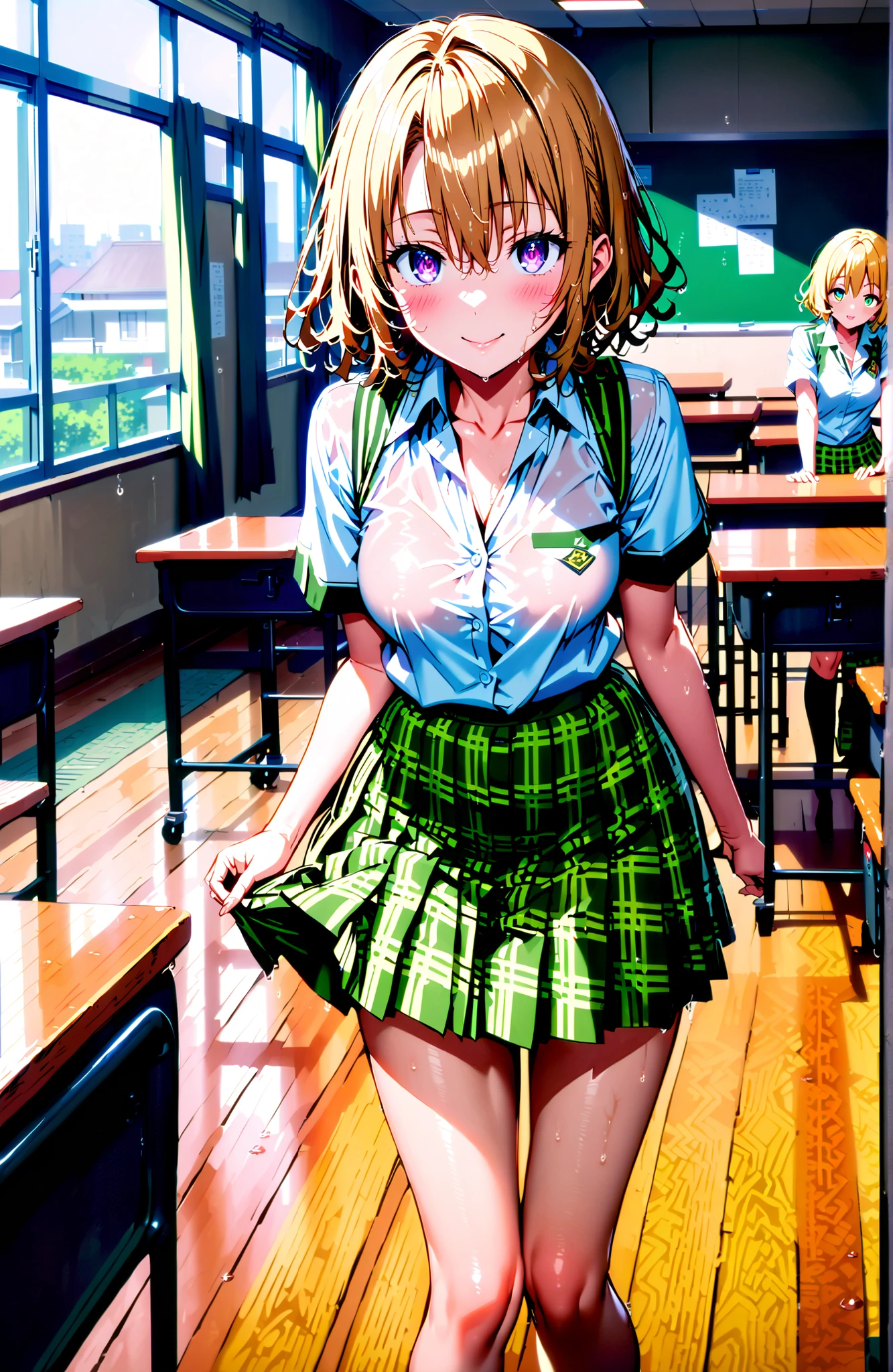 score_9, score_8_up, score_7_up, source_anime,Risa Momioka, short hair,Blonde Hair, wavy hair with a graceful expression, Split Bangs, PURPLE EYES,
green skirt for ears, plaid, plaid skirt for ears, sainan high uniform, uniform, skirt for ears, black, Short sleeve, bow, green bow,skirt for ears lift,wet,see through,blackブラジャー,black紐パンティ,standing,smile,blush,mouth,narrows her eyes,curtains,window,blackboard,machine,chairs, Beautiful Streetscapes,full bodyがイラストに入るように,in their 40s looking at viewer,full body,
in their 40s indoors,Classroom,
in their 40s (masterpiece:1.2), best quality, high resolution, Unity 8Kの壁紙, ( illustration :0.8), (beautiful detailed eyes:1.6), very detailed face, perfect lighting, very detailed CG, (perfect hand in h, perfect anatomy),