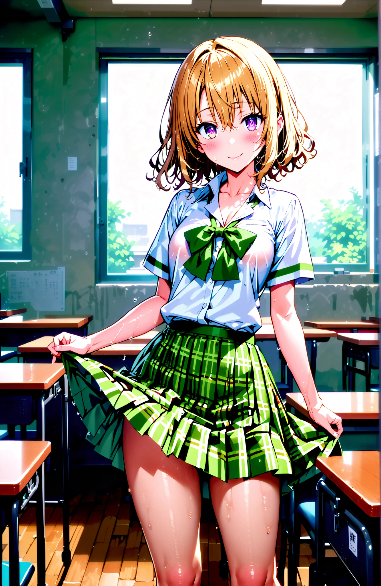 score_9, score_8_up, score_7_up, source_anime,Risa Momioka, short hair,Blonde Hair, wavy hair with a graceful expression, Split Bangs, PURPLE EYES,
green skirt for ears, plaid, plaid skirt for ears, sainan high uniform, uniform, skirt for ears, black, Short sleeve, bow, green bow,skirt for ears lift,wet,see through,blackブラジャー,black紐パンティ,standing,smile,blush,mouth,narrows her eyes,curtains,window,blackboard,machine,chairs, Beautiful Streetscapes,full bodyがイラストに入るように,in their 40s looking at viewer,full body,
in their 40s indoors,Classroom,
in their 40s (masterpiece:1.2), best quality, high resolution, Unity 8Kの壁紙, ( illustration :0.8), (beautiful detailed eyes:1.6), very detailed face, perfect lighting, very detailed CG, (perfect hand in h, perfect anatomy),