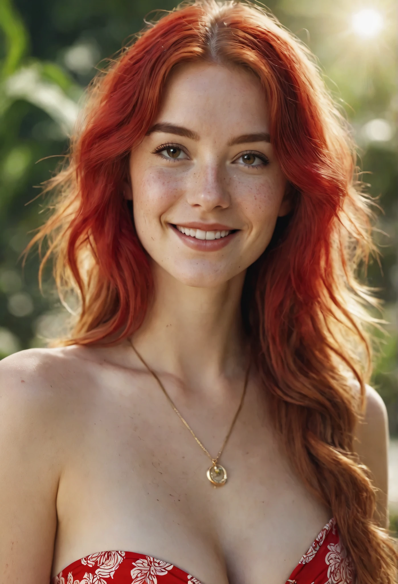 attractive welsh woman, ripped muscle, muscular body, pale skin, smile(blush), nude, thin necklace, [ultra detailed skin:1.2], ginger hair, long hair, 8k uhd, full body, stand, crowd, public, beach,