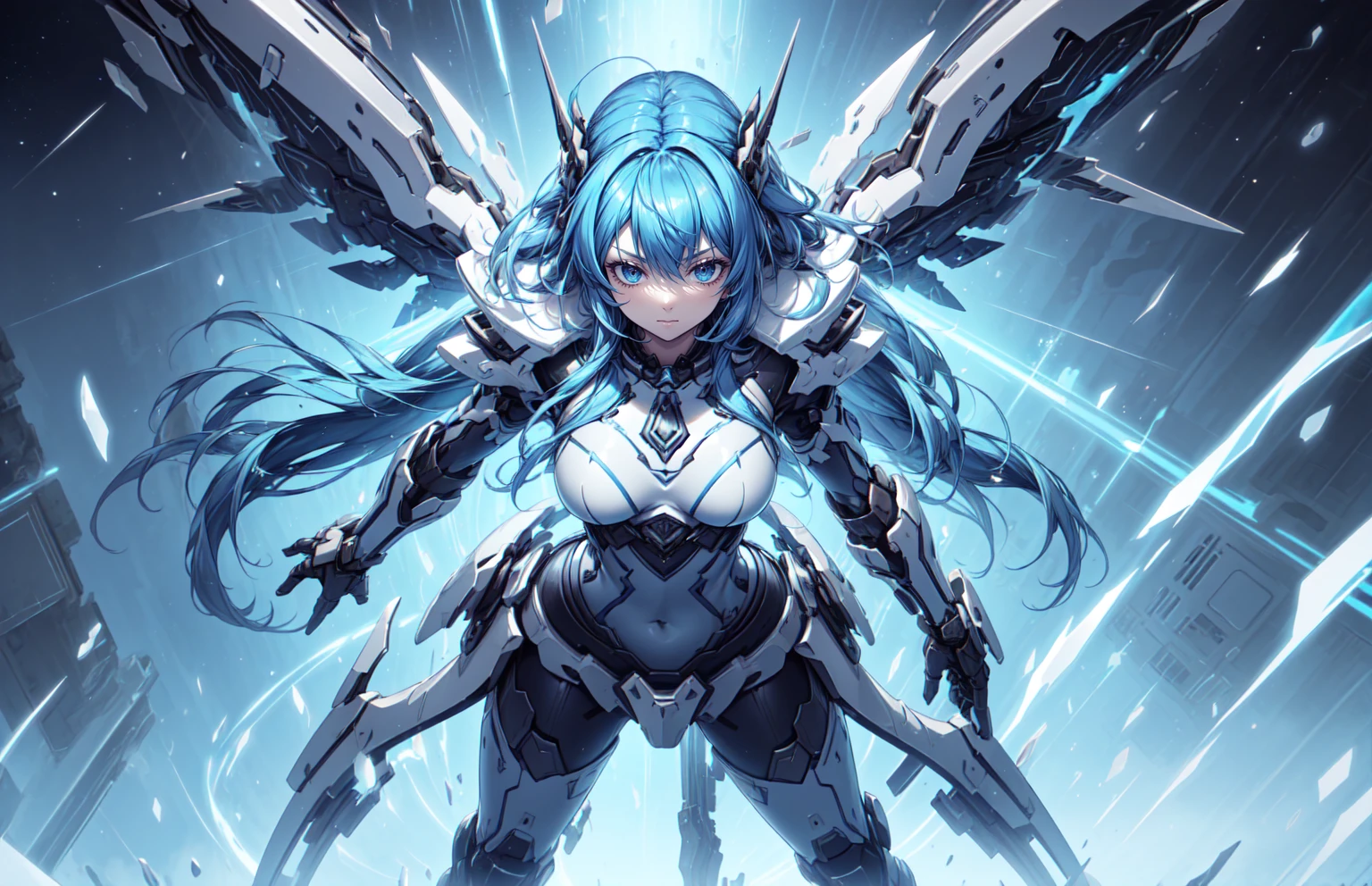 Anime, 1 mature woman, solo, milf, mecha musume, lynen colored hair, Long massive hair, navy-blue eyes, large breasts, firm plump body, mecha armor, mechanical gear, mechanical wings, detailed, cyberweapon, Serious, expressive eyes, sparking shocking