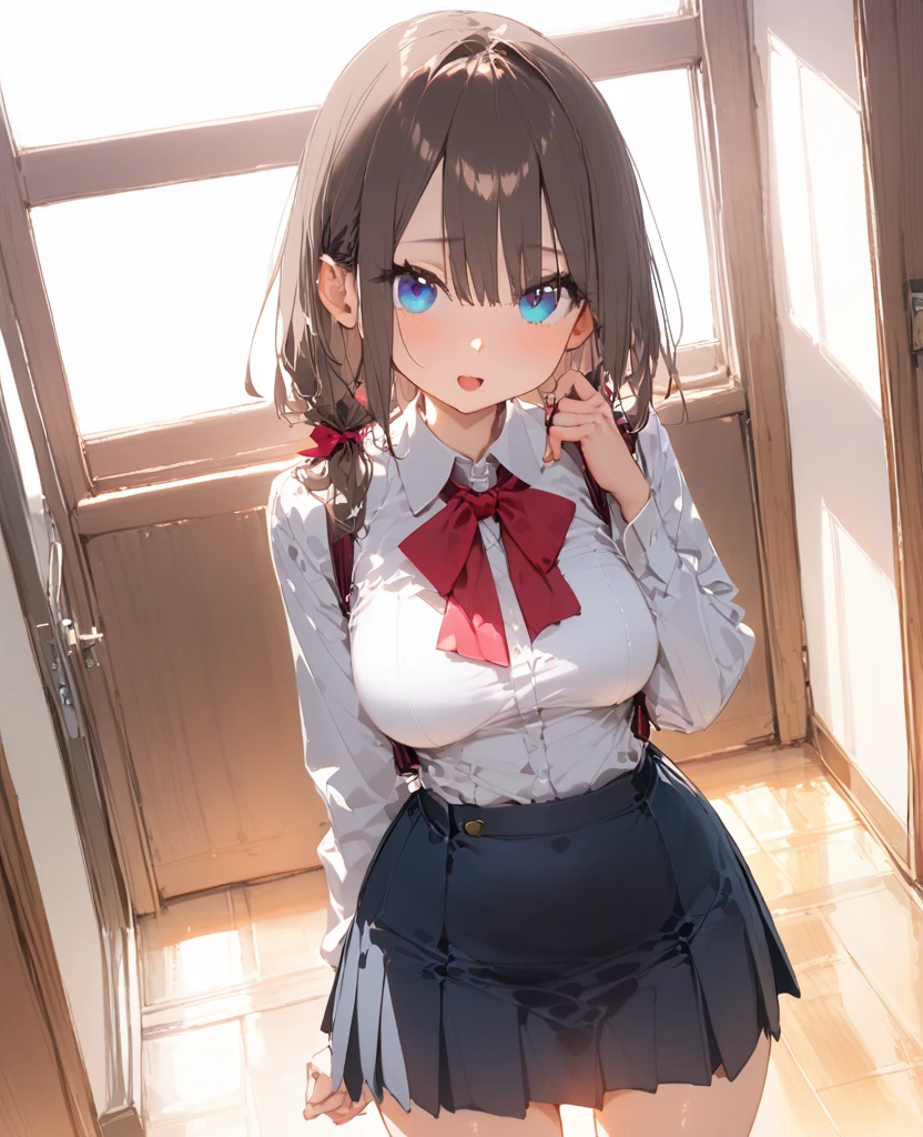 Very detailed、(8k, RAW Photos, highest quality, masterpiece:1.2), (Very detailed 8k wallpaper),shape、Professional Lighting,Sharp focus, Written boundary depth、
Browsing Caution、Clear Eyes、Perfect Anatomy、With a girl、12 years old、High Ponytail、、、(blush:1.3), 、 School,,White collar shirt、bow tie 、Micro Mini Skirt,、imminent kiss,Plump thighs、Lying on your back、Leg spread、(White panties:1.2)