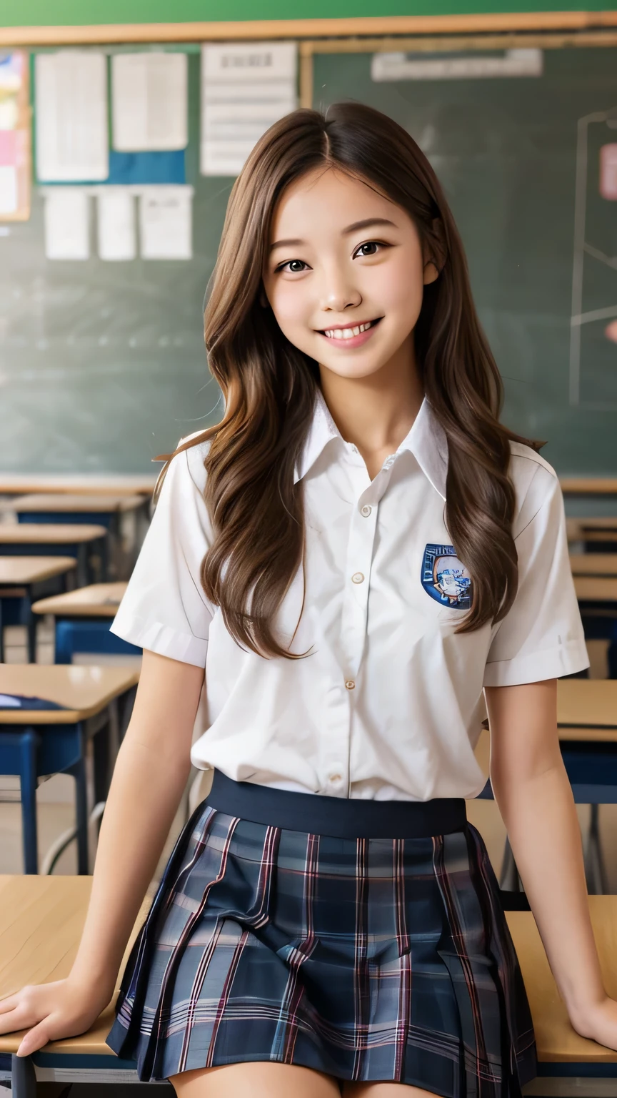 8K, masterpiece, ultra HD, intricate detailed, RAW photo, highly detailed, RAW photo, best quality, A beautiful girl, 18 years, slightly smile, wearing school uniform, white open buttons shirt with school badges, arms up, small breast, ((grey mini skirt:1.3)), black round glasses, ((Sitting front view:1.5)), ((spreading legs:1.4)), (sitting on classroom's chair:1.5), front view:1.5, Blured background, depth of field, (lift skirt by myself, show my white panties:1.1), half body shots, closer photo taken, barefeet, Slim body, slender legs, slim muscular body, small breast, wavy hair, ash-brown hair color, ((front view:1.5)),white panties,soft front lighting,1 girl ,solo,beauty,1girl