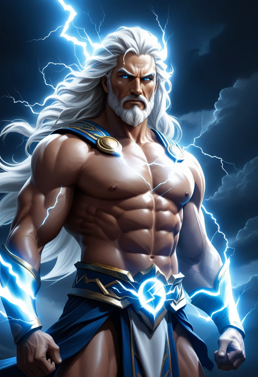 Zeus, vengeful, white hairs lightning and thunder