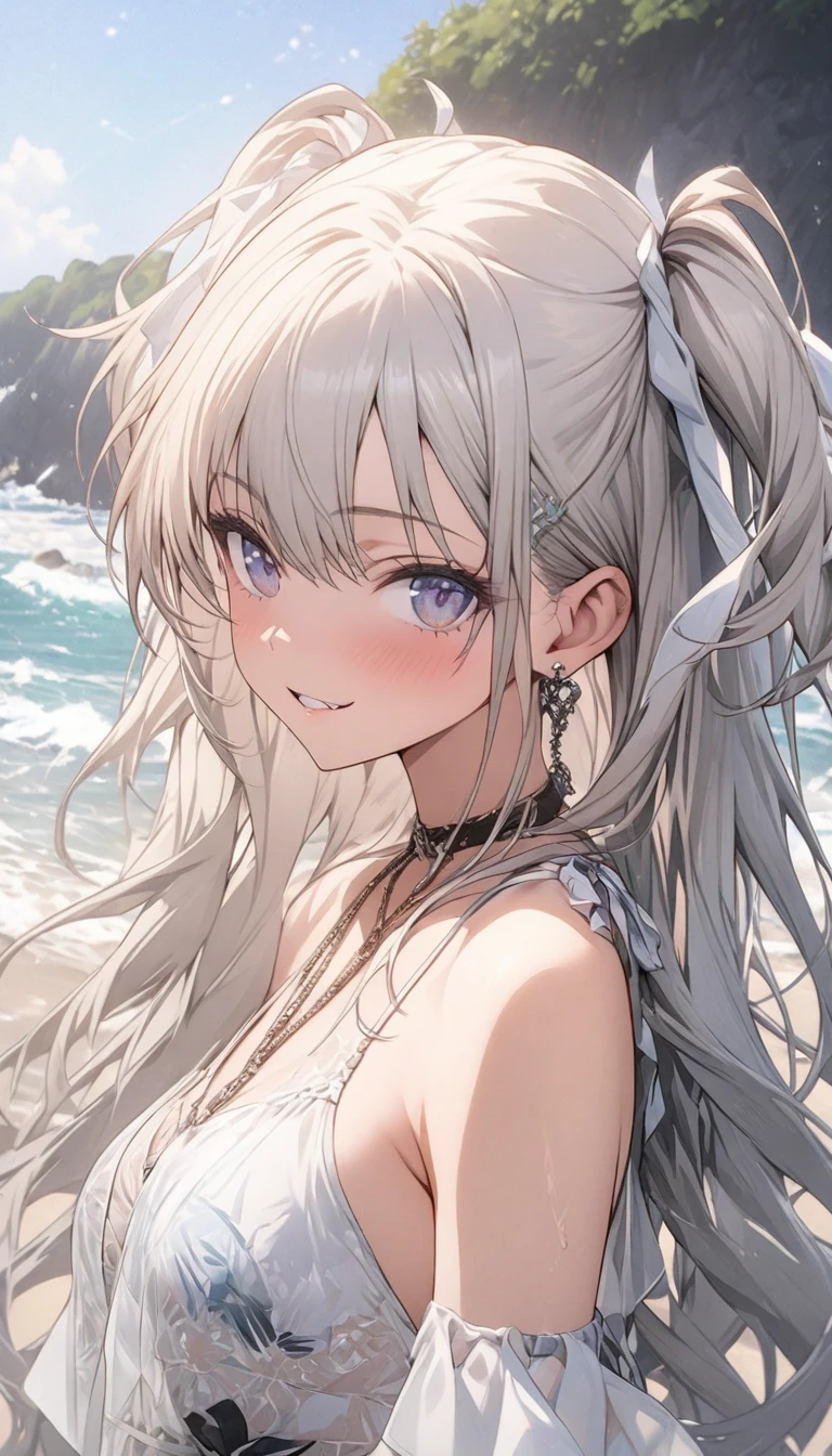 a 23yo girl, Beautiful lighting,face light、(Close-up light on chest:1.3)、(summer Beach :1.2)、(random bikini:1.3),cute face、young face、small nose、(with sparkling eyes and a contagious smile),bronde hair、fine hair,hair spreading in the wind、hair is shiny、masterpiece, highest quality, Super detailed, High resolution, Detail view, very beautiful detailed face and eyes, bright colors,  cute face, delicate beautiful face, Bright magenta eyes, cute eyes, sparkling eyes, Big eyes, (big breasts:1.3), (perky chest:1.1), (pointed chest:1.1), medium hips, glamorous body, white skin, smile, thin pubric hair, shiny hair, off underware ,small cute ribbon, Real World, Natural light,perfect Natural light、looking at viewer,
