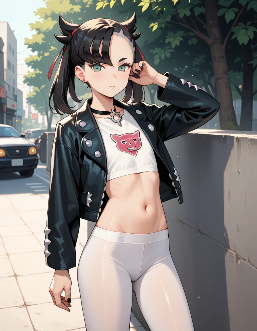 black hair,((black eyes)),((masterpiece:1.2)), best quality, pretty face, large_breasts, black tank top, red jogging shorts, cowboy shot, looking_at_viewer, light smile, closed_mouth, city street background, anime screencap,midriff