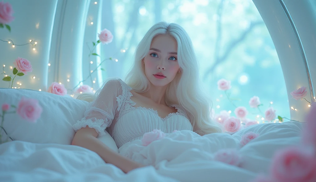 Blonde woman lying in bed with white sheets and a picture on the wall, Portrait Sophie Mudd, rubio goddess, sexy girl with long rubio hair, long rubio hair and large eyes, a gorgeous rubio, half pink, rubio, Dasha Taran, Anastasia Ovchinnikova, Yelena Belova, portrait of half pink, clear portrait of half pink