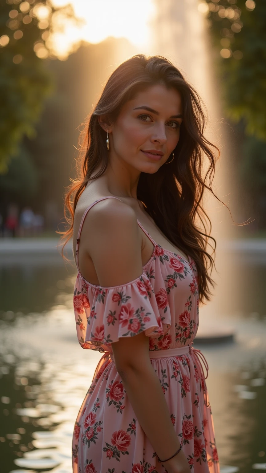 Julia 20 ans, Fine mais avec belle poitrine et belle hanches, cheveux longs et bruns, se tient debout, douce et naturelle, regardant le spectateur. elle se trouve sur une ruelle pavée dans un village italien fleuri, au soleil couchant. elle porte une robe a fleur avec un leger decolleté