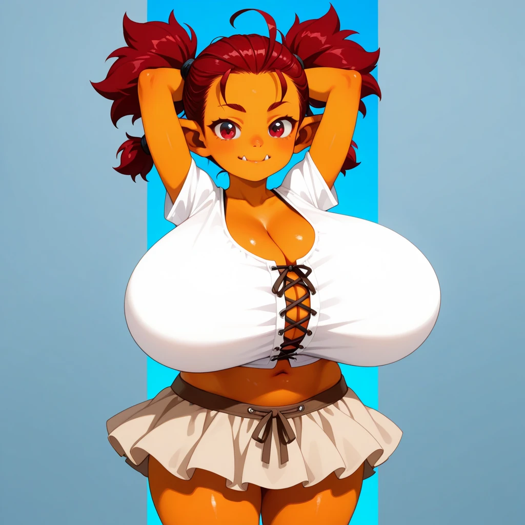 (masterpiece, best quality:1.2), extremely detailed, detailed hair, intricate details, finely detailed, [[soft lighting, volumetric lighting]], 1girl, solo, looking at viewer, mature female, close-up , arms up, (arms behind head), lying, on back , muscular, muscular female, , thick thighs, large breasts , (tubetop), , (bubble skirt), , partially fingerless gloves , (hair between eyes, alternate hairstyle , side braid, red hair ,streaked hair ,messy hair), smile , sweat, (dark skin), choker, blush, lipstick, makeup, (alleyway ), <lora:chinbotsuV3.5LOL-000004:1>