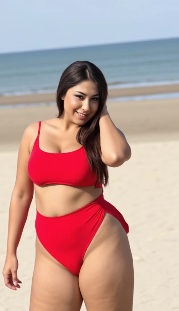 "Generate a high-quality DSLR-style real image of a plus size Asian woman in a colorful bikini, standing with her back to the camera, with a beach background."