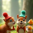squirrel s with big eyes、 has a smile on the mouth、wear animal hats、have sunflower seeds、3D、Three-dimensional、Good friends with fox s、キツネの子どももwear animal hats、I'm in the woods