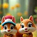 squirrel s with big eyes、 has a smile on the mouth、wear animal hats、have sunflower seeds、3D、Three-dimensional、Good friends with fox s、キツネの子どももwear animal hats、I'm in the woods
