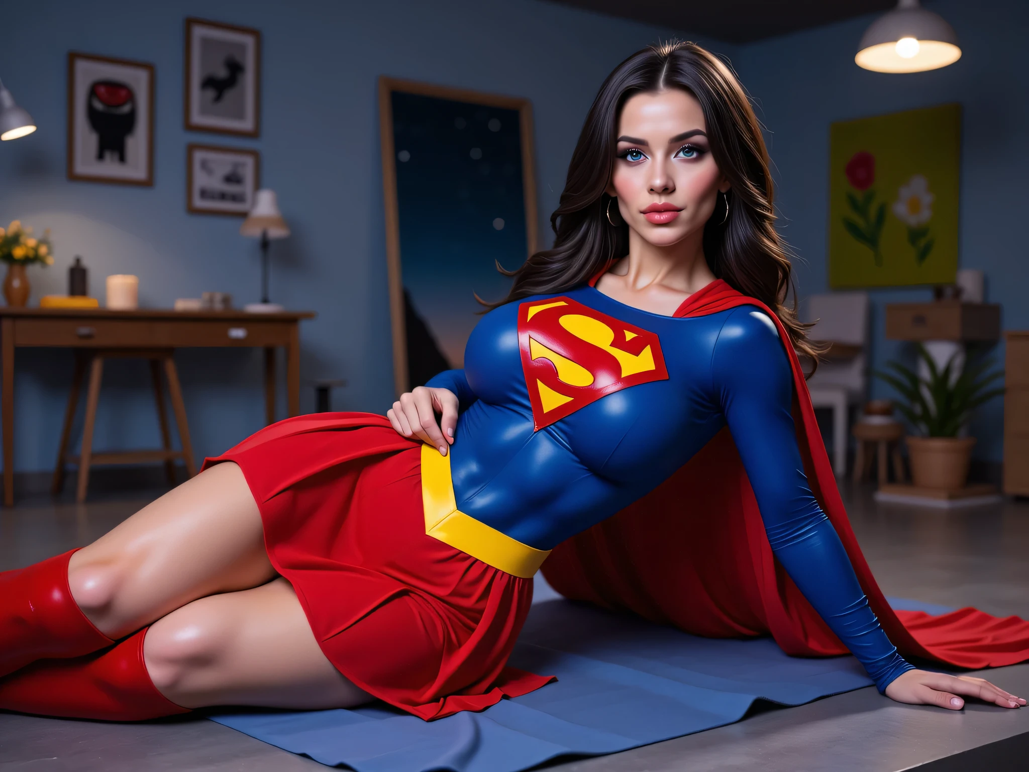 Incredibly sexy young innocentric mature superheroine, hyper detailed blue eyes, beautiful kryptonian superheroine, powerful strut, blue eyes, wavy black hair, determined expression, red and blue costume, long sleeves, closed shoulders, red pleated skirt, yellow belt, red boots, , detailed facial features, 4K, flight, hyper-realistic, photorealistic, dramatic lighting, cinematic composition, dramatic shadows, vivid colors, digital art, concept art style. SUPERGIRL 1980 spandex suit and cape, lying in a sexy pose, in the artist's studio, all shiny and glowing, night