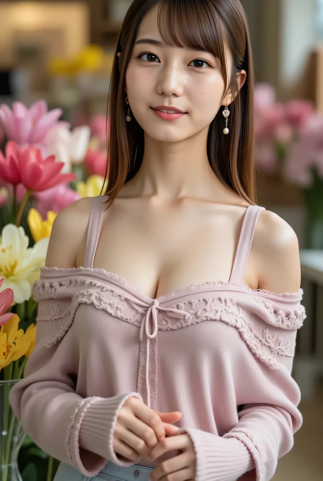 (HighestQuality, 8K,32k,masterpiece, UHD:1.2),extremely detailed CG unity 8K wallpaper,intricate details,Raw photo,(realistic:1.4),atmosphere,ultra high resolution,genuineistic,genuine,Huge_file size,incredibly absurd,(in the center:1.3),ultra illustration,(Super detailed),dramatic lighting,different colors,Depth of the bounds written,art:Krenz Kushart,golden hour lighting,Photographed with Canon EOS,SIGMA art lens 35mm F1.4,ISO200 Shutter speed 2000,blurred background,
break,
1 girl,(smile:1.4),Because I'm slender,(Long straight hair with see-through bangs,:1.4),alone,20 year old Japanese beauty, (tulip park, salmon pink shirt,:1.5),(light brown hair:1.5),((brown eyes)),largechest,chest, Soft white skin that shines in every detail,pale skin,very beautiful face,very well-shaped face,natural and realistic face,Highest,detailed and beautiful eyes,Impressive, large eyes,detailed eyes, smile, closed mouth, detailed mouth,lip details,glossy beautiful lips,glossy lips,simple earrings,necklace,jewelry, alone focus,low neckline,
break,
light from the front,cool,Are standing,sensual expression, break,
(dutch angle:1.4),looking at the viewer,
break,Tzuyu,Yui Aragaki,