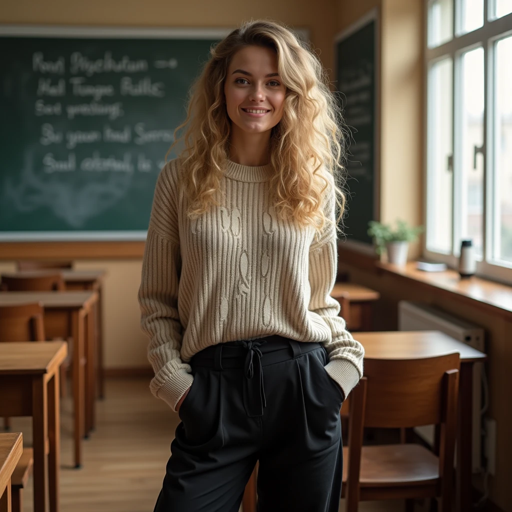 Create a vibrant image of a trendy 20-year-old blonde woman in a stylish outfit, standing confidently in a modern classroom. Include educational elements like a chalkboard or books in the background. Overlay dynamic text that says: 'My Trendy Looks for Every Subject!' in a bold, fashionable font. Use bright colors to make the image pop. She is fashion"