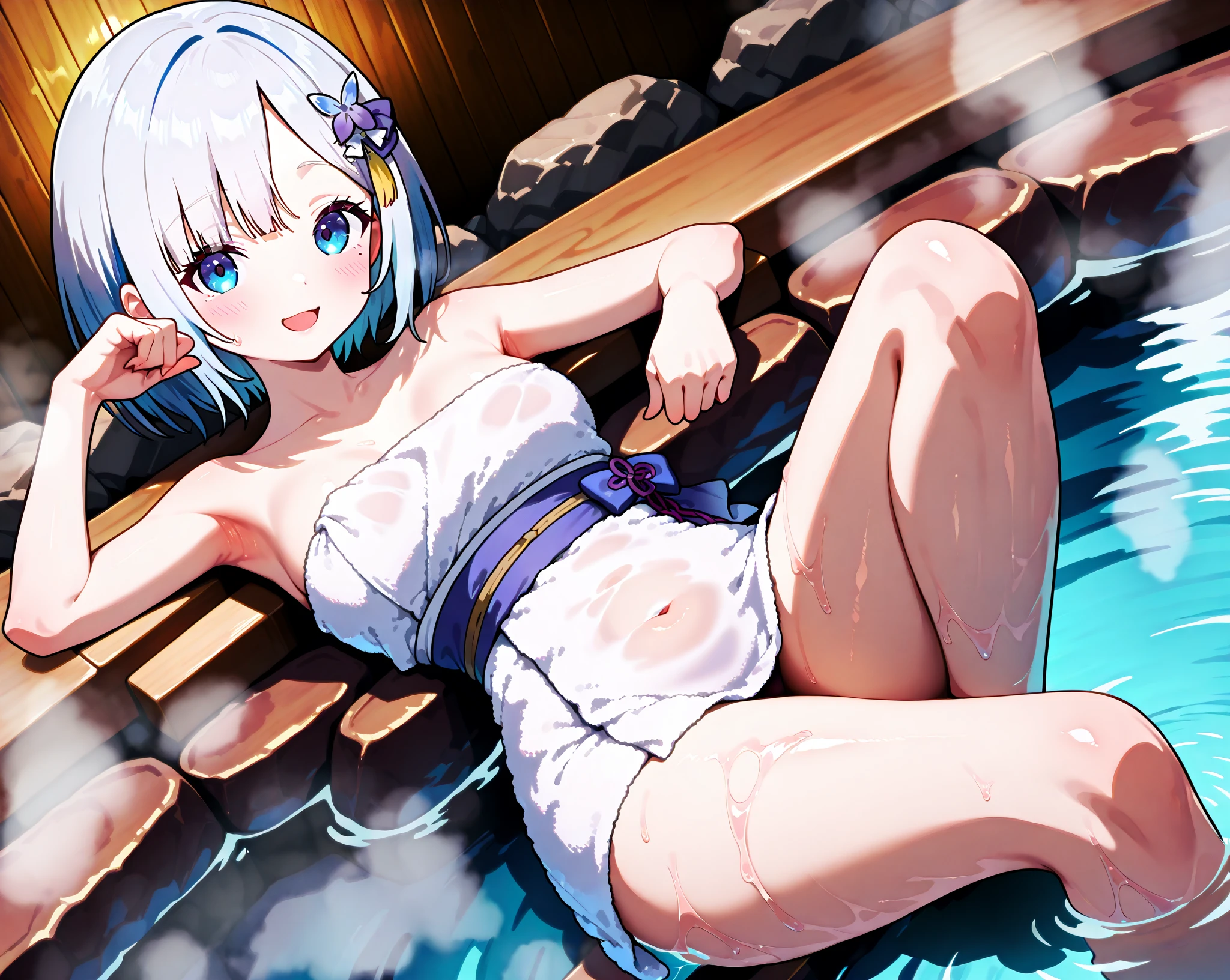 ((greatest masterpiece:1.3, ultimate quality:1.3, ultra-detailed:1.2)), (movie lighting), ((perfectly sensual)), super fine illustration, an extremely delicate and beautiful, 4K, 8K, 16K, UHD, 1 girl, big smile, ((bath towel)), Spotlight on Japanese hot springs, open-air bath, steam, deep at night, Super giant moon, Monts, snow scene, open-air bath, starry sky, multiple men and women,, style of anime