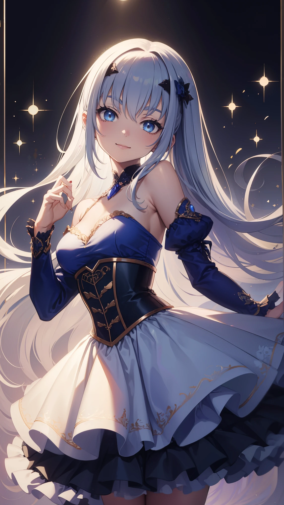 girl , Smile, compensate, Blue Eyes, Large percentage , White gothic bear top dress , ( anime style:1.4), Soft touch of painting 、超 high resolution , Pay attention to details, HD image quality , high resolution , 最 HD image quality , 4K, 8,000, Blue glowing clock background 、白发 girl、cute, Beautiful lighting effects around the body,donmdj1nnm4g1cXL 、put your hands together