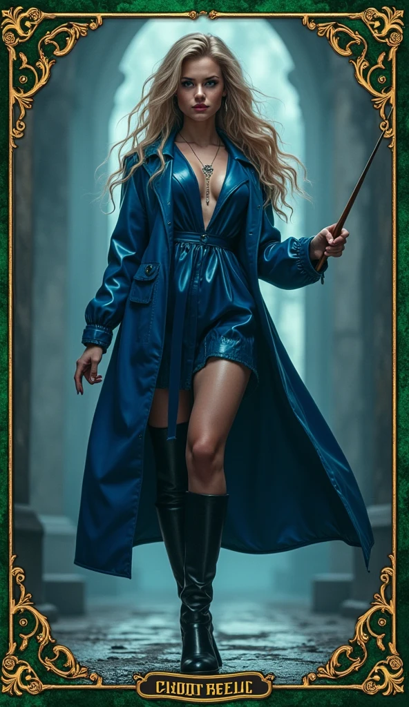 A witch in Harry Potter, wearing a witch's hat and holding a magic wand in a dark forest.