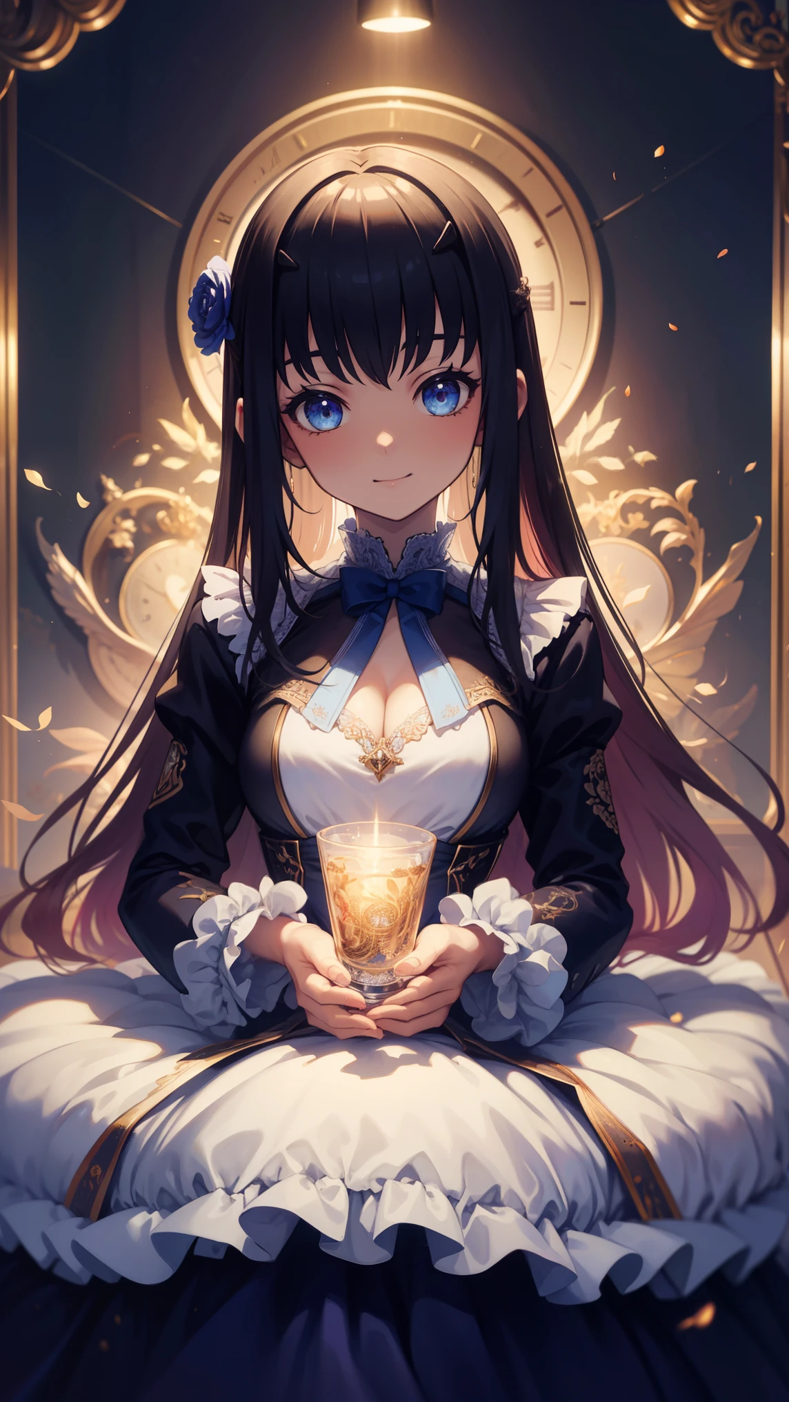girl , Smile, compensate, Blue Eyes, Large percentage , White gothic bear top dress , ( anime style:1.4), Soft touch of painting 、超 high resolution , Pay attention to details, HD image quality , high resolution , 最 HD image quality , 4K, 8,000, Blue glowing clock background 、白发 girl、cute, Beautiful lighting effects around the body,donmdj1nnm4g1cXL 、put your hands together
