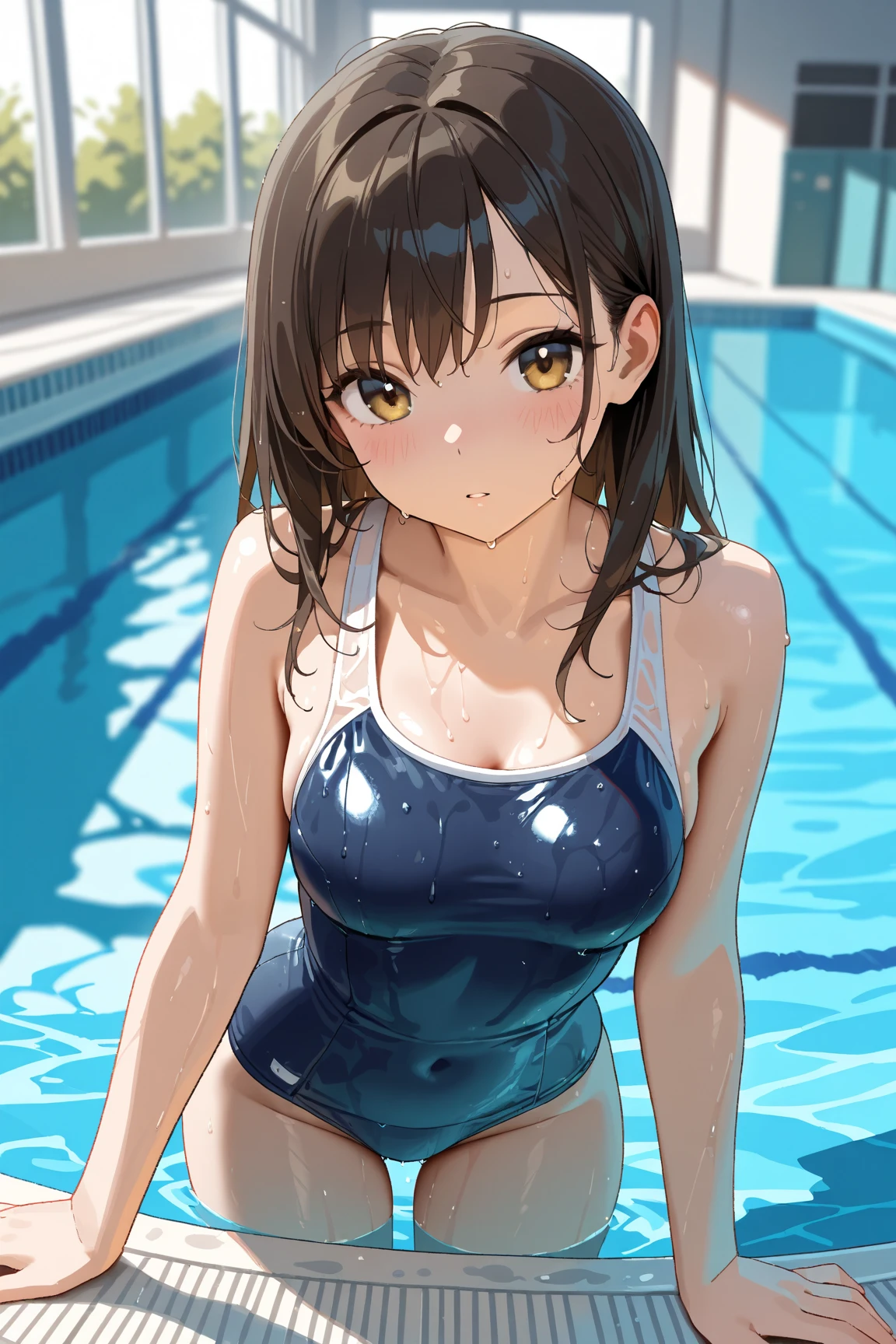 8K quality,(super masterpiece:1.3),Highest quality,Detailed Images,1 female,symmetrical beauty,10th Generation,face(smile,笑face,Embarrassing,blush,bright red,Close your mouth),(Droopy eyes,Green Eyes,Green Eyes,Bright Eyes),(Blue Hair,Long Hair,Big hairpins for bangs,Bangs that hide the right eye),(Thick eyebrows,Thick eyebrows),(Large Breasts,F cupの胸),Tan Skin,posture(Facing forward,Leaning forward),(School Swimsuit),(faceをアップで描く,Draw the façade,Looking down from above,上から見たface),(Girls kissing,Mouth trying to kiss,Lips asking for a kiss,The approaching lips,Lips asking for a kiss,Mouth closed for a kiss,The kiss,Purse your lips,Pursed lips),((Close your eyes:1.3), Close your eyes, Chin forward,Put your chin forward, Jaw sticking out, lower the eyelids,Gently closed eyelids,近づくface,faceを前に,faceを視聴者に近づける,faceを近づける),background(Submerged City,Flooded station,Submerged City,A sunken ruin),(faceはカメラに対して正面を向く,Looking at the viewer from the front,looking at the camera,The body faces the viewer,The body is facing the direction of the camera,faceはカメラを真っ直ぐ見る).