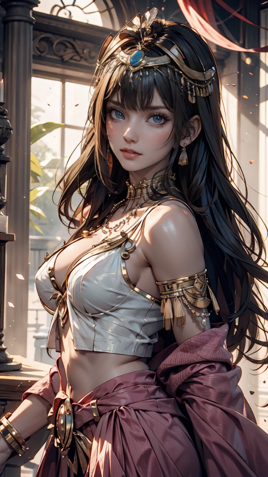 24-year-old ancient Egyptian woman、Ptolemaic Queen、Cleopatra、Unparalleled beauty、Black Hair、Iris、Black Hairストレートのボブスタイル 、Sexy proportions、Narrow waist、Ancient Egyptian Dynasty Accessories、Half naked、Lace-up sandals