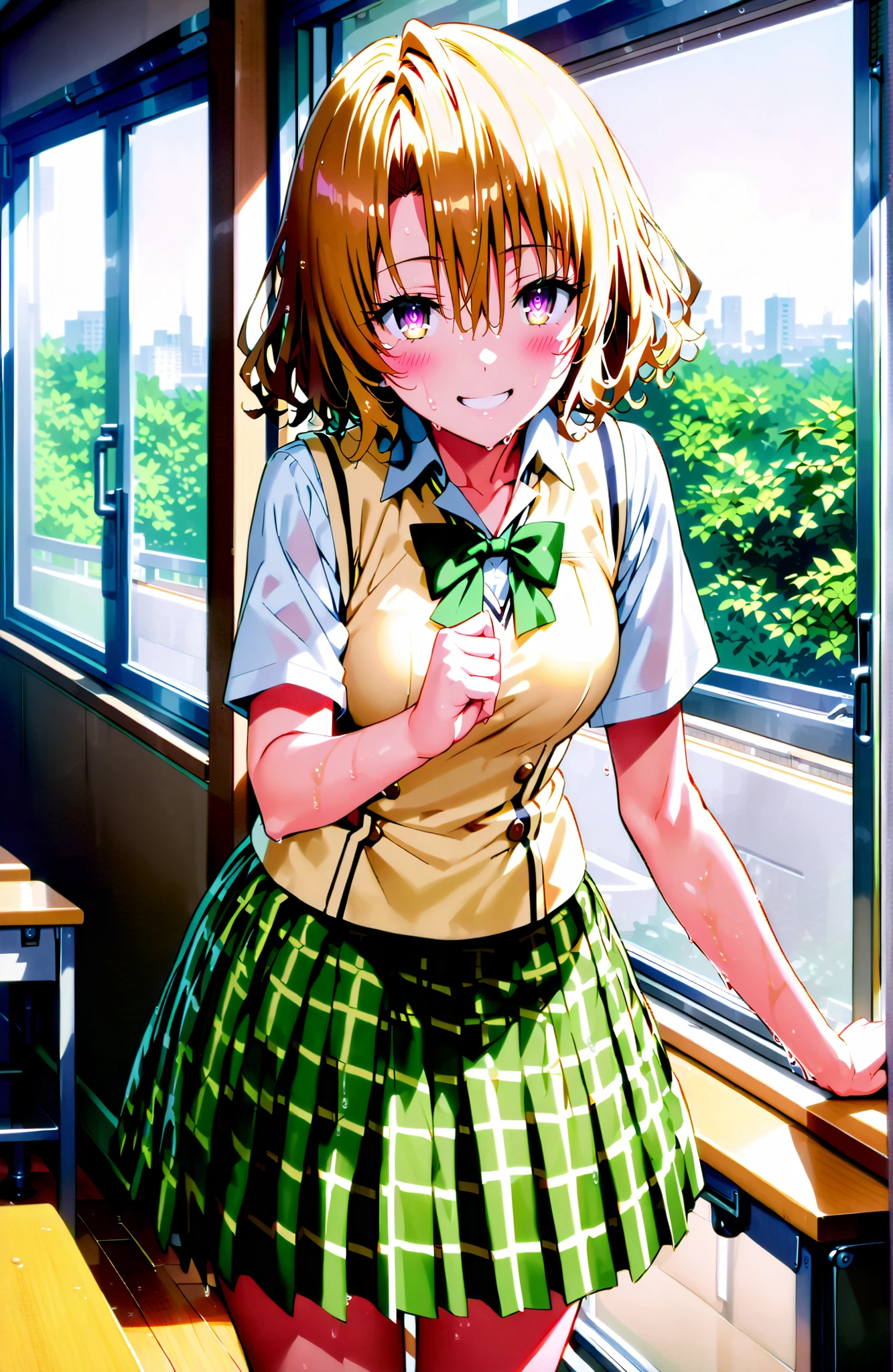 score_9, score_8_up, score_7_up, source_anime,Risa Momioka, short hair,Blonde Hair, wavy hair with a graceful expression, Split Bangs, PURPLE EYES,
green skirt for ears, plaid, plaid skirt for ears, sainan high uniform, uniform, skirt for ears, black, Short sleeve, bow, green bow,skirt for ears lift,wet,see through,blackブラジャー,black紐パンティ,standing,smile,blush,mouth,narrows her eyes,curtains,window,blackboard,machine,chairs, Beautiful Streetscapes,full bodyがイラストに入るように,in their 40s looking at viewer,full body,
in their 40s indoors,Classroom,
in their 40s (masterpiece:1.2), best quality, high resolution, Unity 8Kの壁紙, ( illustration :0.8), (beautiful detailed eyes:1.6), very detailed face, perfect lighting, very detailed CG, (perfect hand in h, perfect anatomy),