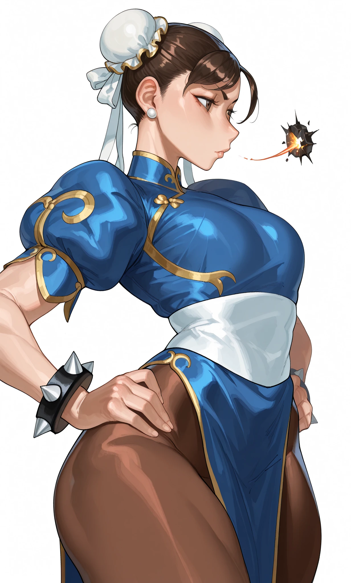 score_9, score_8_up, score_7_up, source_anime,1girl, short hair, ????????????, brown hair, jewelry, hair ribbon, hair bun, double bun,   skin tight, curvy, ???????, dark skinned male, 1boy, muscular female, ????,studded bracelet, chun-li, S2Z0n1c21.5XL style 