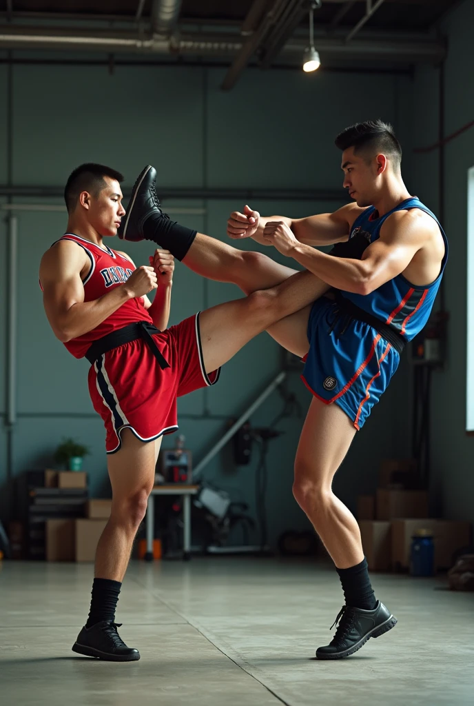 full view full body, two shirtless muscled white teenboys with undercut haircuts, in white lycra suits and white socks, shoeless, no shoes, punching eachothers torso in a dungeon