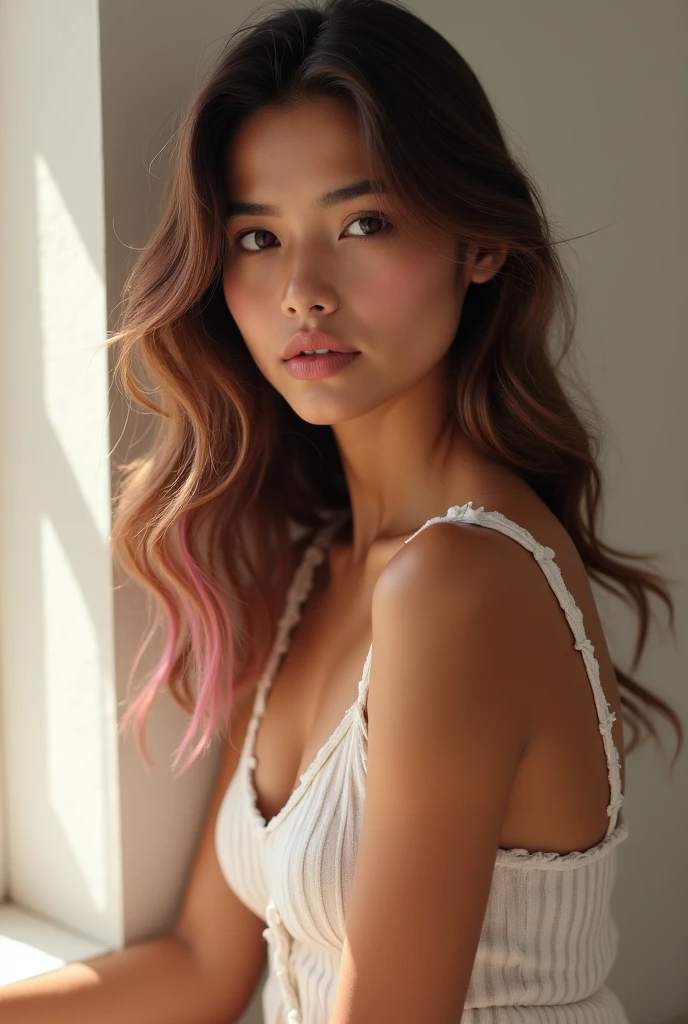 Beautiful woman, dark complexion, mix 4, pink sleeveless sweater, pillow, oval eyes, slim facial features, lips, open mouth, realistic, photo_\(medium\), solo, (masterpiece), (photorealistic: 1.3), ultra detailed, (high detail) skin: 1.2), (best quality: 1.0), (ultra high resolution: 1.0), (Orchan-6500: 0.3), wavy detailed hair, long hair, pink highlights, sunshine, (beautiful detailed makeup), (sexual arousal, blush, rough breathing: 1.0), cleavage