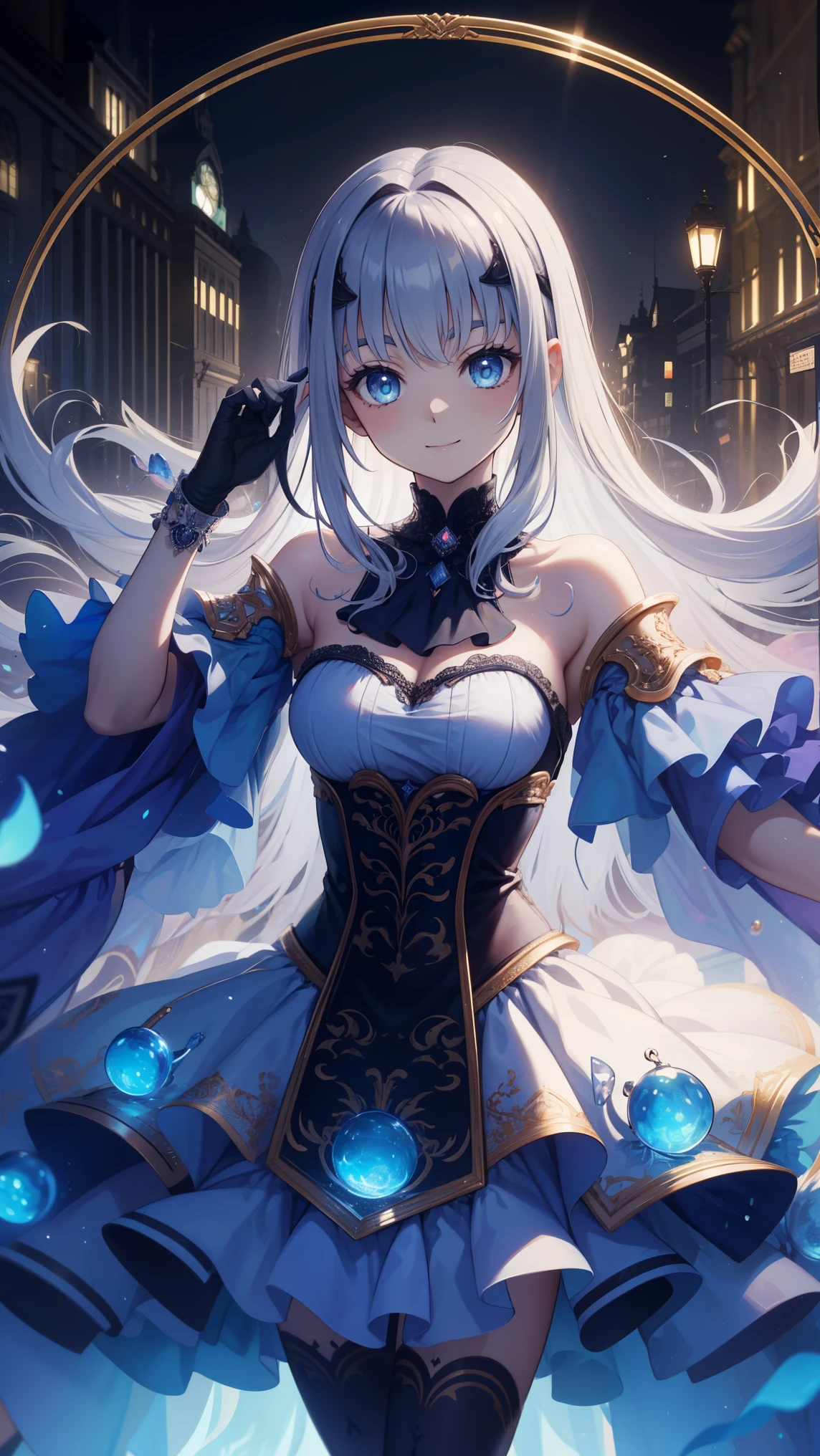  girl  ,   Smile, compensate, Blue Eyes, Large percentage    , White gothic bear top dress , ( anime style:1.4), Soft touch of painting  、超 high resolution ,  Pay attention to details,  HD image quality ,  high resolution , 最 HD image quality , 4K,  8,000,  Blue glowing clock background  、白发 girl、cute,  Beautiful lighting effects around the body,donmdj1nnm4g1cXL  、put your hands together