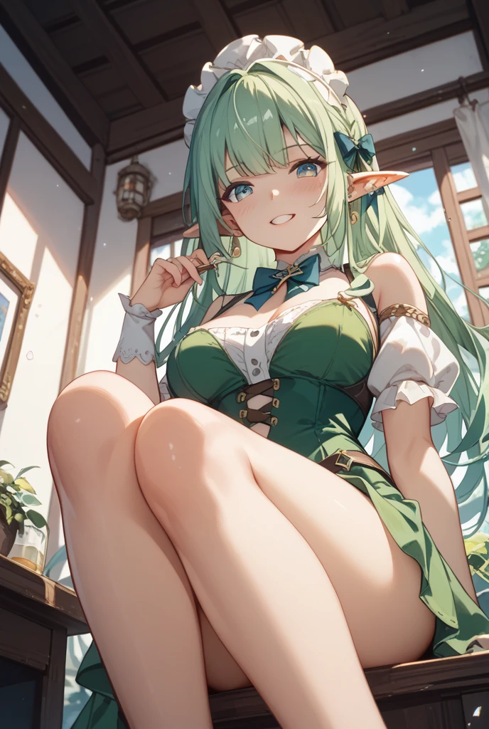 masutepiece, Best Quality, hight resolution, 1girl in, elf, pointy ear, Green hair, Long hair, side locks, The hair , small tits , Green eyes, ((Office Suits))、((skirt by the))、((pantyhose))、opening legs