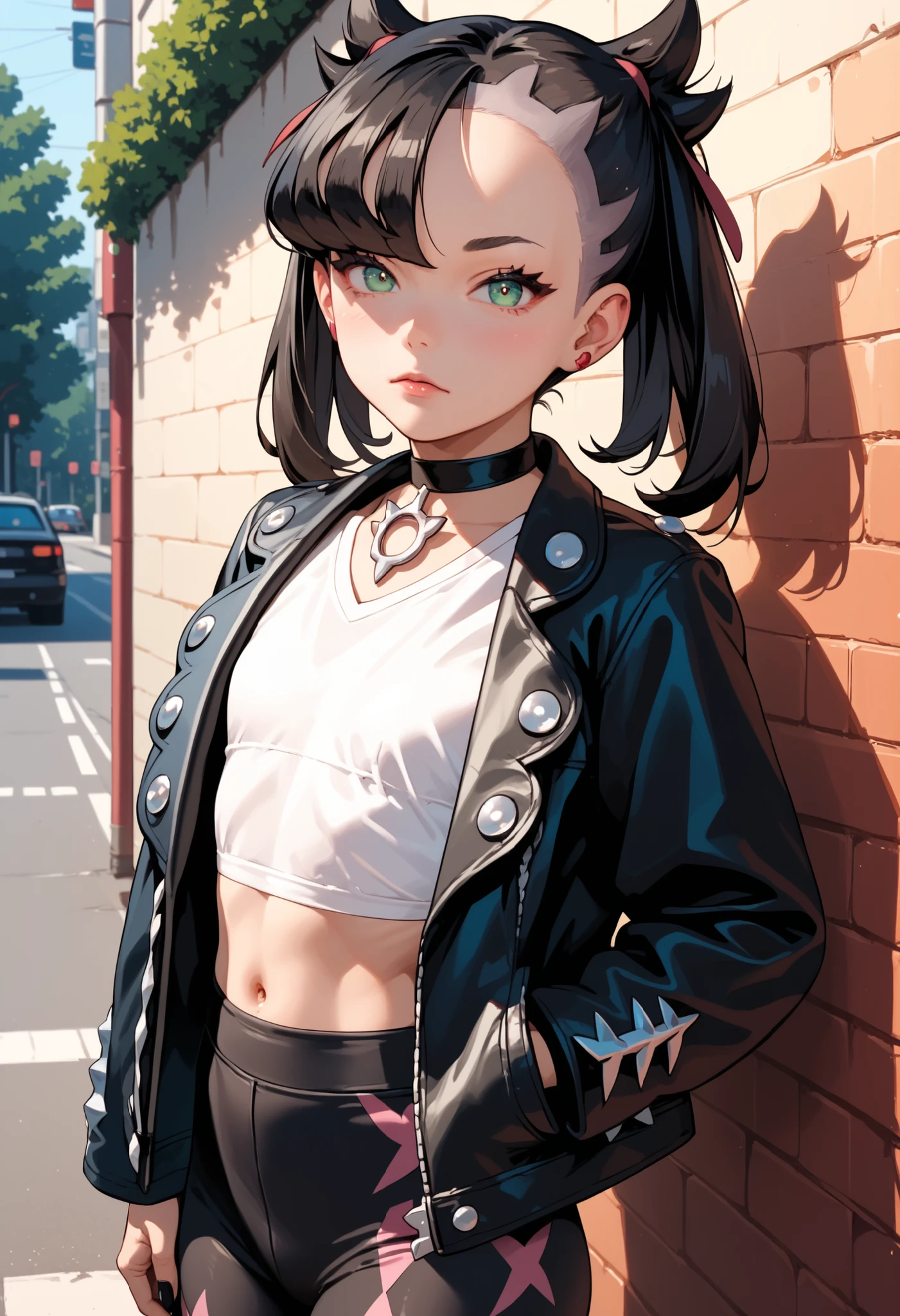 Score_9, score_8_up, score_7_up, score_6_up, source_anime, rating:general, 1girl, Marnie, black hair, twintails, dark green eyes, perfect face, pale white skin, flat chest, black jacket, cropped t-shirt, tight leggings , slender build, slender legs, cute belly button, sat on wall street at dusk, trees, 8k quality, vivid colours, masterpiece