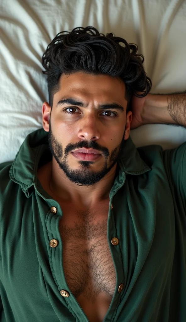 26 year old Indian man, lying in the bed, medium hair, medium beard, loose pajamas, brown hair and eyes, low light coming from window, looking in the camera, gentle smile, mascular body, no shirt, sparkly eyes