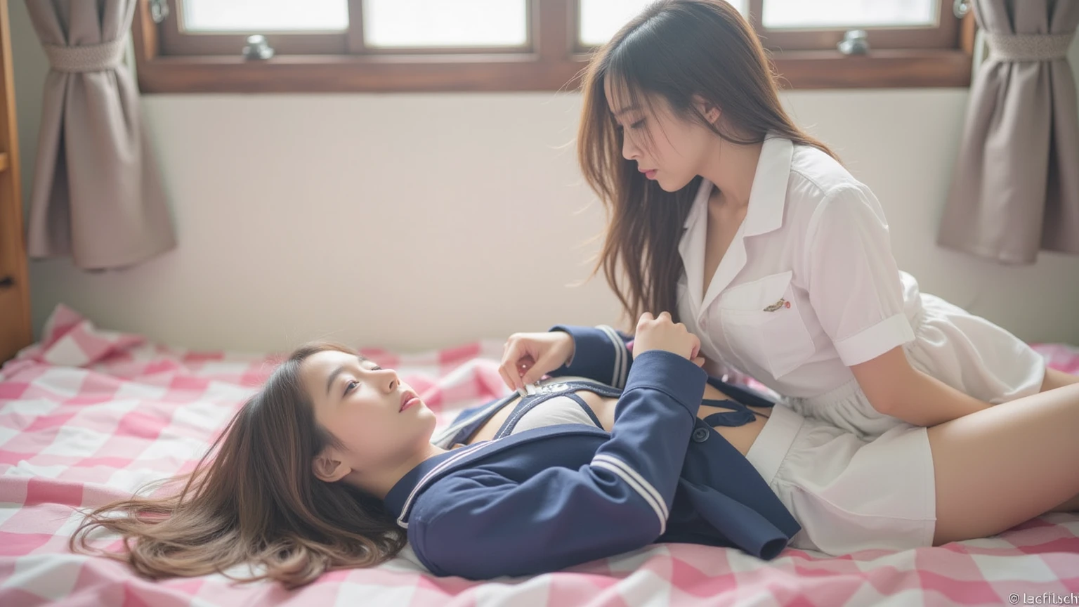 2 girls in the piano room, Navy blue short-sleeved shirt,Navy Long Trackpant,Sweatpants, Sweatpantsขายาว, lying in bed., หญิงรักhave sex, coax, Sexual arousal, Realistic poses, exercise clothes, exercise clothes, have sex