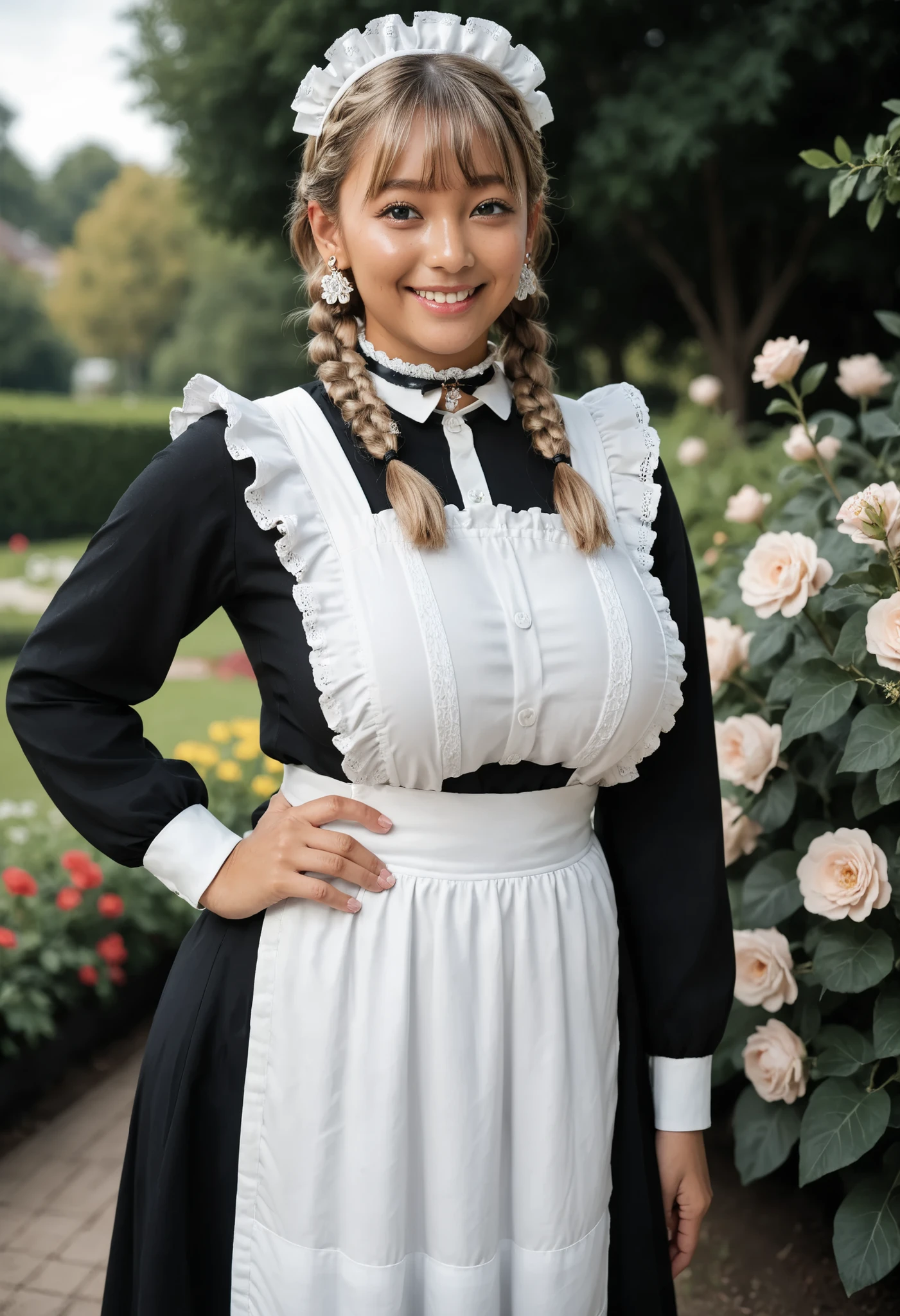 Score_9, Score_8_up, Score_7_up, Score_6_up, Score_5_up, Score_4_up, Tag1, Tag2, Anatomically correct, 22 years old woman, beautiful woman, blue eyes, blonde hair, Highly detailed beautiful face and eyes, Detailed skin, (natural saggy big breast:1.6), big ass, thick thighs, wide hips, curvy, chubby, (oiled body:1.3), cute type, smile, (braids hair with bangs), (tanned skin:1.6), (Cute ocean maid outfit, white maid headdress, black shirt, black skirt, white frill apron, black ruffled choker, earrings), one hand on hip, Spring season atmosphere, Being in the flower garden,