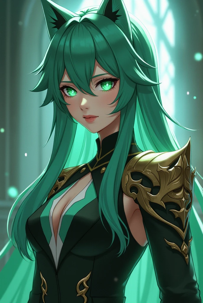 a female who has hazel eyes and green hair. Her true form is that of a tall, fully-grown curvaceous and well-endowed adult with long waving green hair. Notably, she has a scar and the crimson line that runs across her face, and pronounced lower canine teeth. Her gown is now torn into a skirt and a top, connected with a single strip across her abdomen.