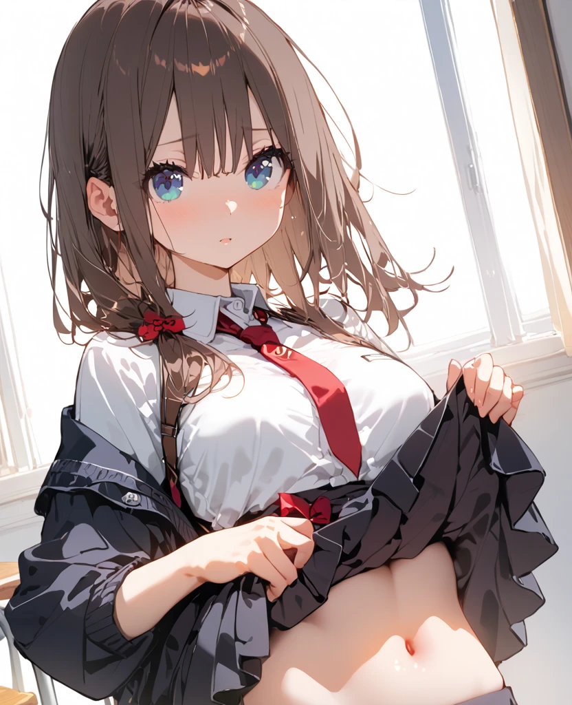 NSFW,masterpiece,Highest quality,High resolution,Super detailed,Nekone \(Utawarerumono\),Brown Hair、(Red Eye:1.3)、ribbon,Twin tails、ヘアribbon、Mole、目の下のMole,Small breasts,Japanese style,uniform,mini skirt,pantyhose,Half-naked,Open clothes,Embarrassed,blush,School,locker room,(Seduce)