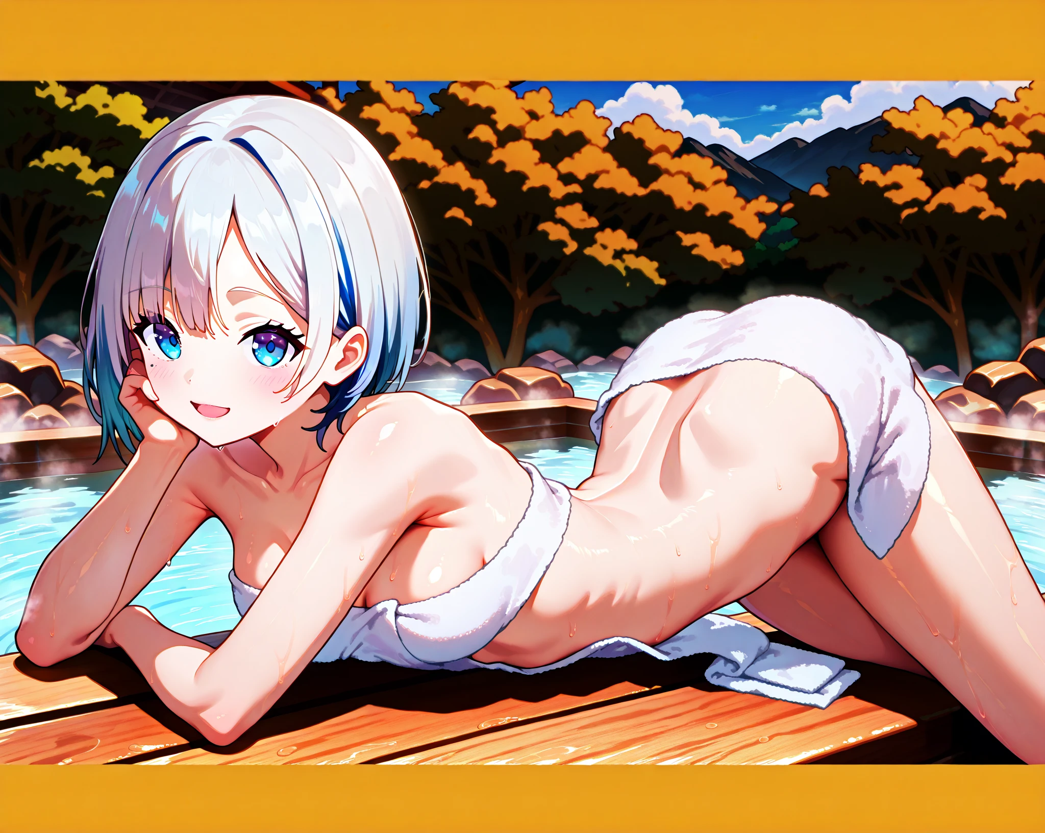 masterpiece,Top image quality,hight resolution,imagem 4k,Raw photo,Photorealsitic,{Solo},s girl,Embarrassment,Silver Short Bob,stare at each other,Wet,Blue eyes,小柄,tits out,Silver fox ears,Fox tail,Bathing in water,boyish,Naked shirt,s ass