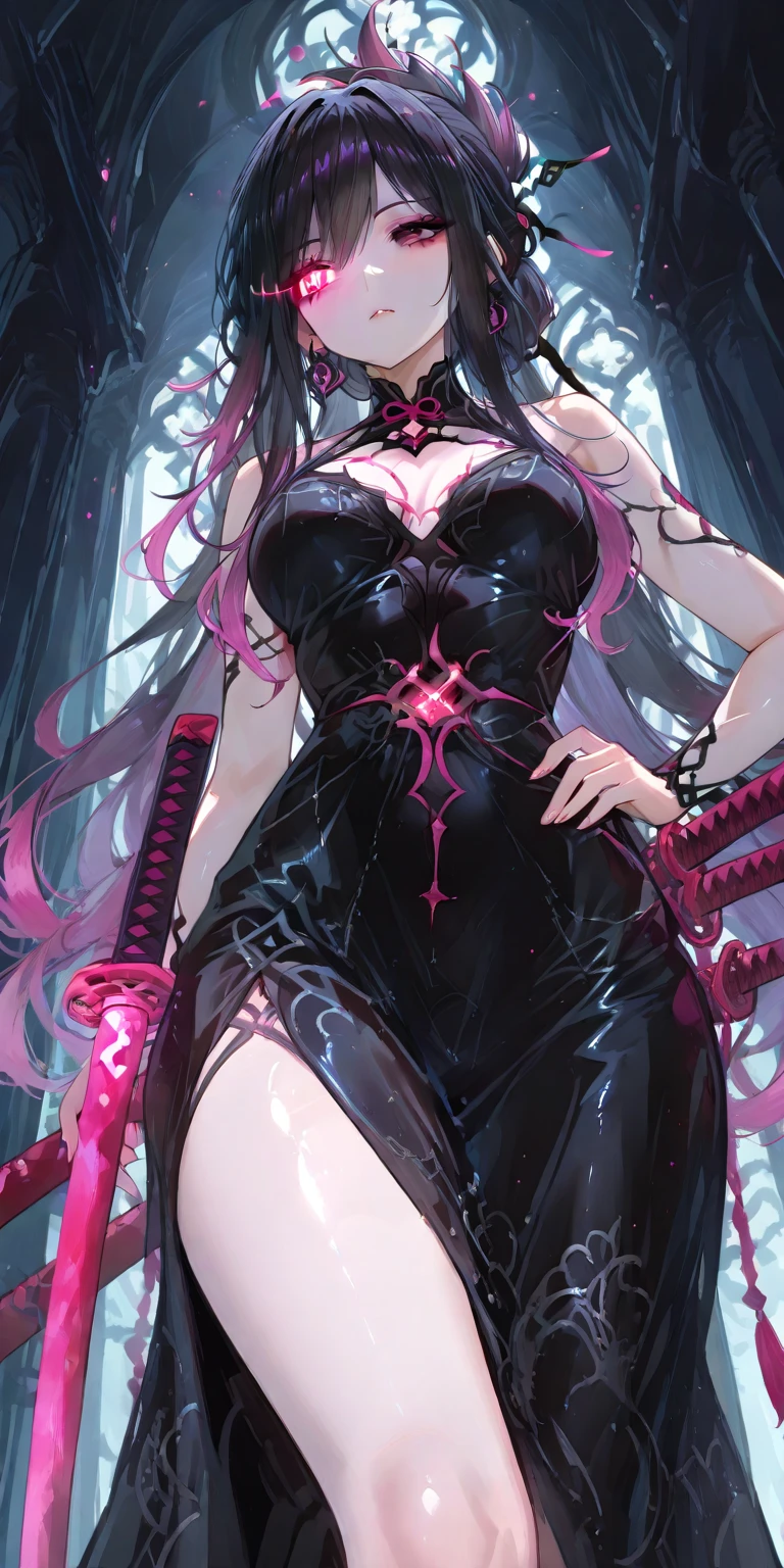 A pink haired reaper with violet eyes and an hourglass figure in a black flowing gown is spinning her scythe in the creepy orest
