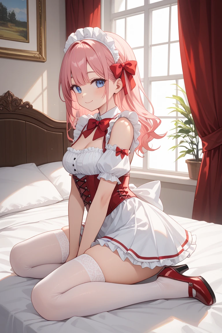 (Tabletop, Highest quality, Super detailed), One Girl, Purple eyes, Blonde Hair, Dark Skin, Short Hair、Perm Hair、((Thigh-high socks))、(Bedroom)、((Cure Melody))