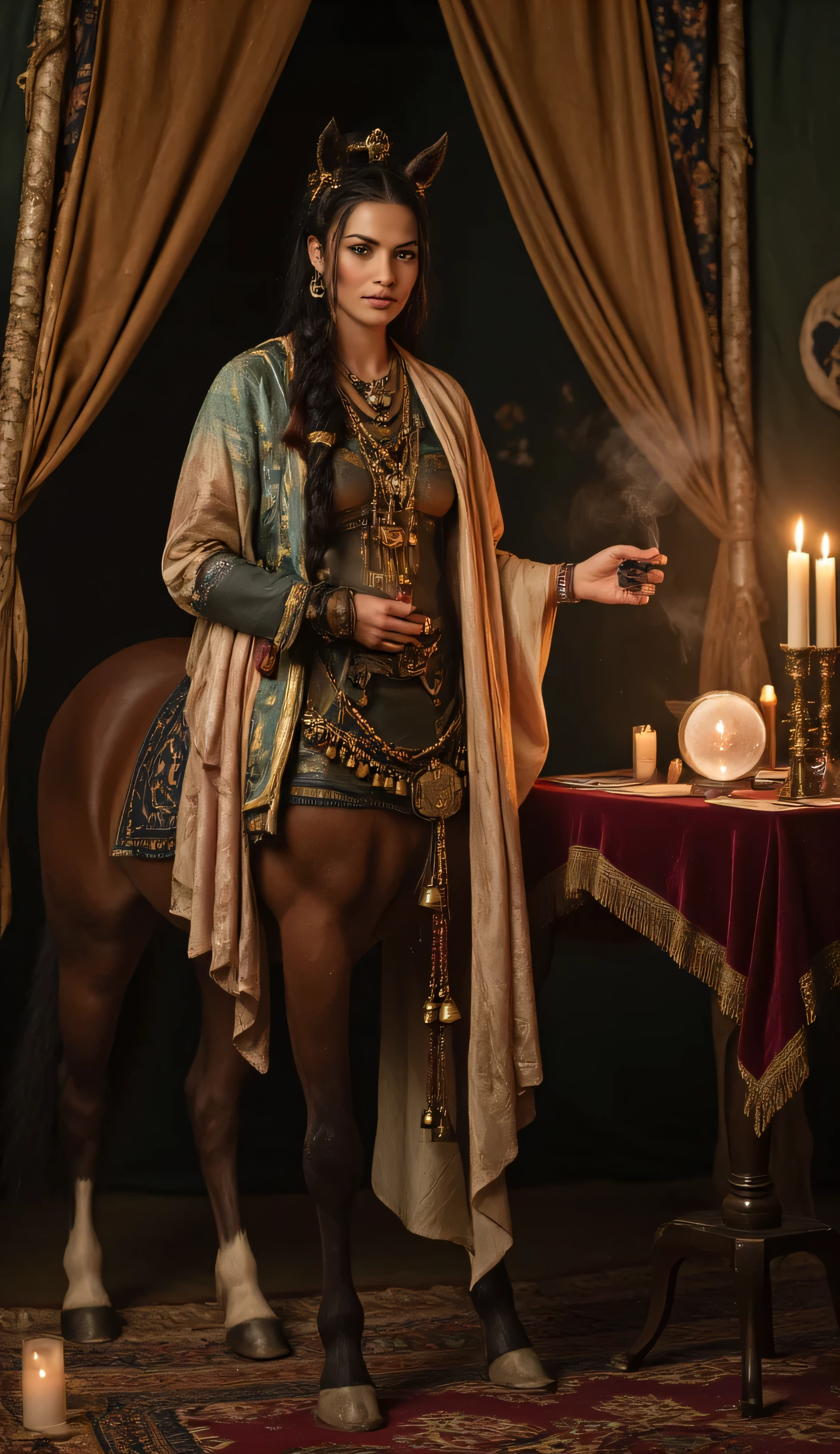 mystical centaur, fortune teller, inside a candlelit tent, magical artifacts, human upper body is draped in flowing scarves, layered jewelry, silken robes adorned with celestial patterns, long dark hair with braids and beads, her eyes glow faintly with magical insight, horse half is elegant, ornate charms, bells woven into her tail and harness, sits beside a crystal ball, velvet-draped table, tarot cards, incense smoke swirling in the air, rich setting with textures, embroidered fabrics, flickering lanterns, shadows dancing on the walls, fantasy, bohemian, mysterious mood, warm and magical lighting, richly detailed