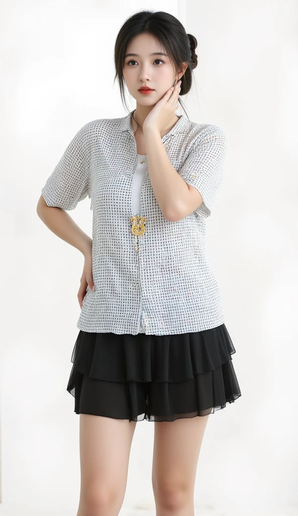 Super detailed,Highest quality,1 female,Standing in a room with white walls,Short-sleeved tops,black pleated mini skirt,illuminated by sunlight from the window,Posing for a photo,The background is blurred