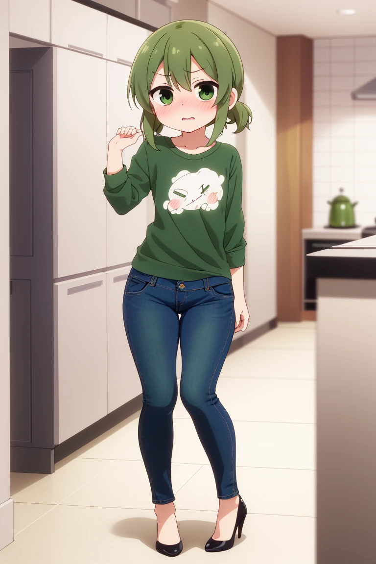 masterpiece, best image quality,Ultra-high detail, girl, Futaba Igarashi, (Green eyes:1.3), tag, green hair,  medium hair, Igara-shi Futaba \(Shiromanta \), Kitchen,shy,blush,flat chest, inner thigh curve" "extremely tight jeans", Skinny jeans, high heels,  full body, full body