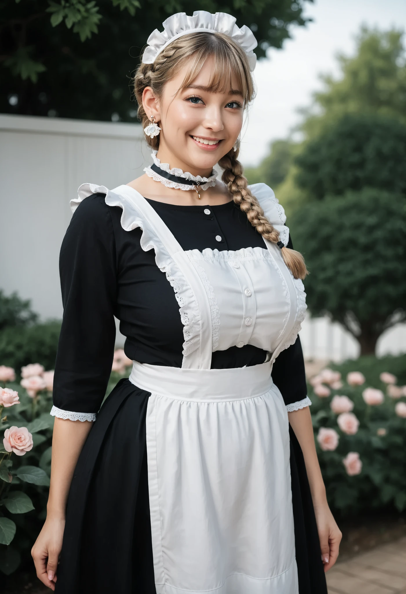 Score_9, Score_8_up, Score_7_up, Score_6_up, Score_5_up, Score_4_up, Tag1, Tag2, Anatomically correct, 22 years old woman, beautiful woman, blue eyes, blonde hair, Highly detailed beautiful face and eyes, Detailed skin, (natural saggy big breast:1.6), big ass, thick thighs, wide hips, curvy, chubby, (oiled body:1.3), cute type, smile, (braids hair with bangs), (Cute ocean maid outfit, white maid headdress, black shirt, black skirt, white frill apron, black ruffled choker, earrings), one hand on hip, Spring season atmosphere, Being in the flower garden,