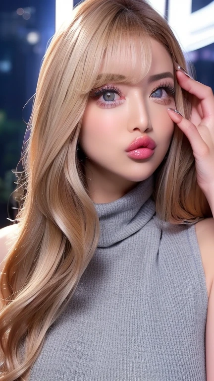 ((realistic lighting、qualidade superior、8k、obra prima:1.3))、Clear focus:1.2、1girl em、Beleza Corporal Perfeita:1.4、Tipo de corpo de glamour、((cabelos castanhos escuros、Seios colossais:1.3))、(vestido aqua:1.4)、(fora de casa、Noite:1.1)、Rua、Cara super fina、olho fino、Droopy Eyes、long and abundant eyelashes、moist eyes、olho grande、thick, chubby lips、Double eyelidm、clivagem exposta、Specific girls、mulher solo、