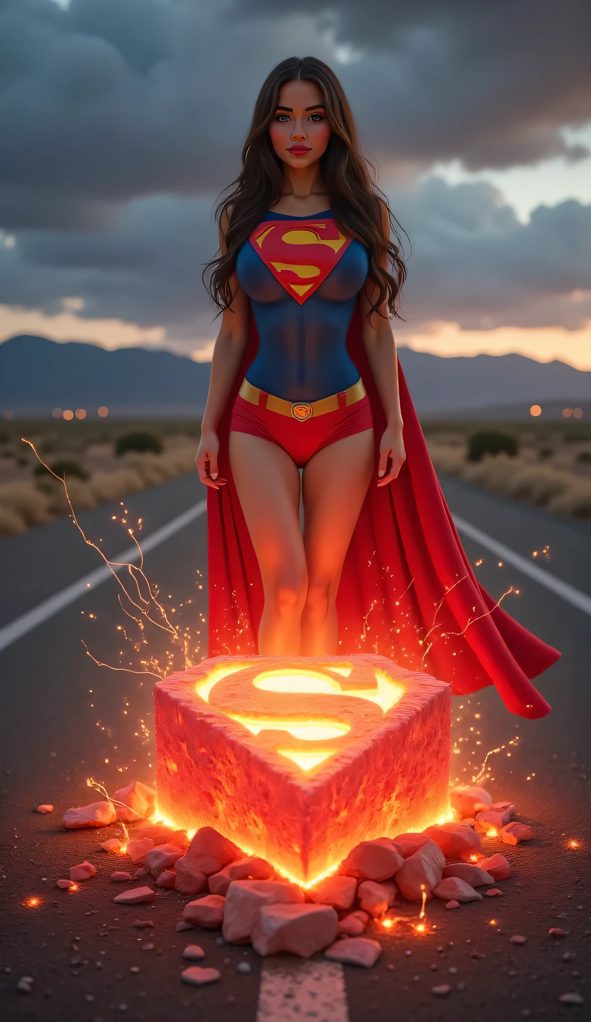 A stunning, ultra-detailed 8K digital art scene divided into a seemless photorealistic panels, SEEMLESSLY capturing a different stage of a powerful transformation.
Panel 1 (Initiation): A sexy girl with long dark hair and striking blue eyes stands curiously beside a glowing, jagged red kryptonite crystal embedded in the ground. The crystal pulses with intense energy, casting a red glow on her face and surroundings. She wears casual clothes and looks surprised as the crystal begins to activate. The environment is deserted road under a twilight sky.
sexypose
Panel 2 (Transformation): A blast of red energy erupts from the kryptonite, engulfing her entire body in brilliant light and energy arcs. Her body begins to glow and form a muscular chest, her casual clothes start to dissolve, rip and morph, her body grows and stretches, revealing the forming outlines of the classic 1980 Superman suit. Her expression is a mix of awe and intensity as her hair flows wildly from the energy surge. Her physique becomes more powerful, enlarged and defined mid-transformation.
Panel 3 (Rebirth): The girl now stands confidently, fully transformed into a female version of Superman — wearing the iconic red and blue 1980 suit with the “S” emblem, a flowing red cape, and glowing eyes. Her posture is heroic, fists clenched at her sides, hovering just above the ground as the red kryptonite crackles beneath her feet. The environment glows with scattered embers and mist, emphasizing the sheer power she now holds as her chest enlarges and swells.
Realistic textures, vivid colors, dynamic lighting, cinematic composition. A masterpiece of transformation art in ultra-sharp, 8K resolution. digital film dynamic highly detailed intricate digital photo fantasy documentary