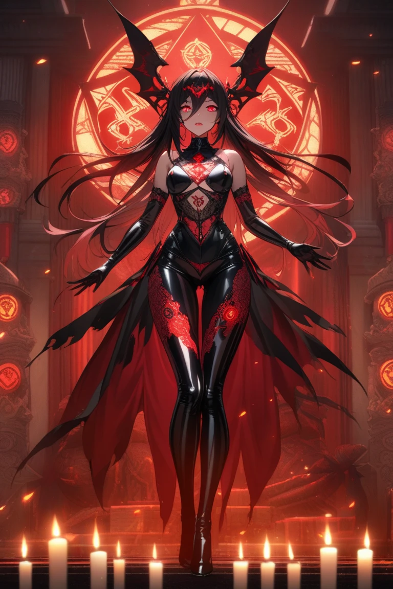 vampire girl, long canines, red outfit, malicious smile, hair long black, Short strapless dress, showing most of her large breasts, generous neckline, Bare arms with horror tattoos, sultry posing, bats flying around, Gothic visual, gorgeous face, perfectbody
